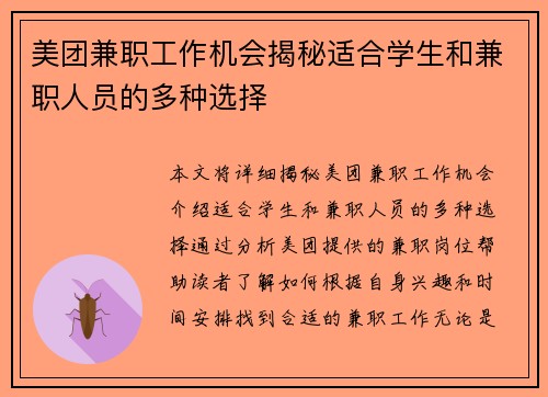 美团兼职工作机会揭秘适合学生和兼职人员的多种选择