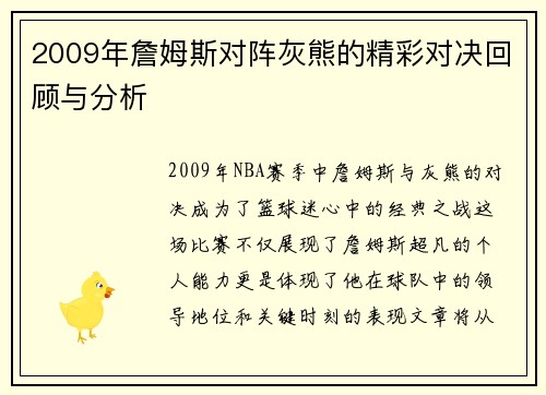 2009年詹姆斯对阵灰熊的精彩对决回顾与分析